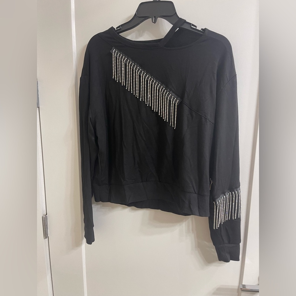 Black DKNY Top with neck slit and sparkly Silver Fringe Detail NWOT